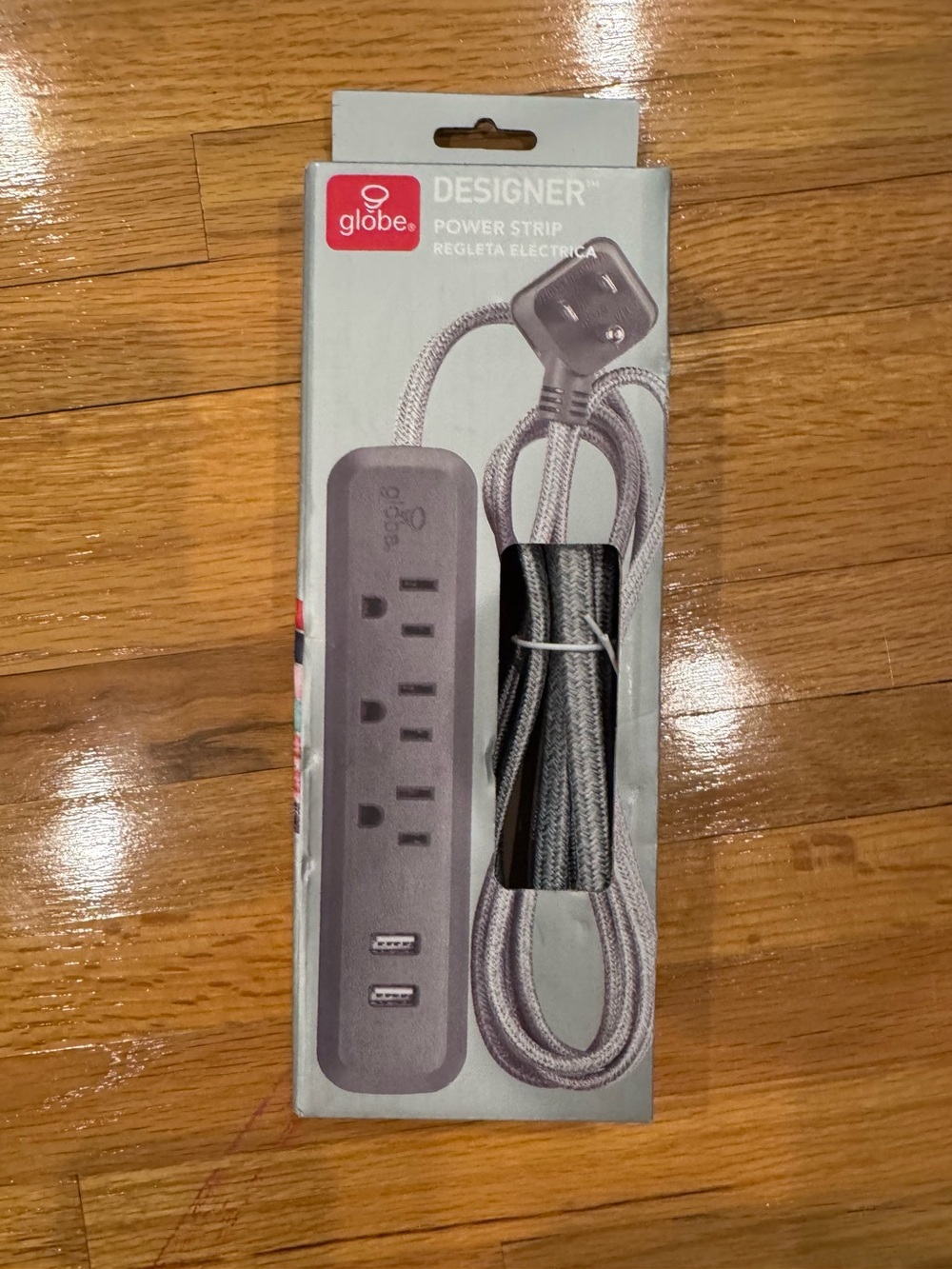 Globe Gray Designer Power Strip with Braided Cord and Dual USB Ports